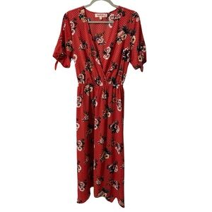 Magnolia Skye Women’s Midi Dress Floral Roses Polka Dots Belted sz L Red